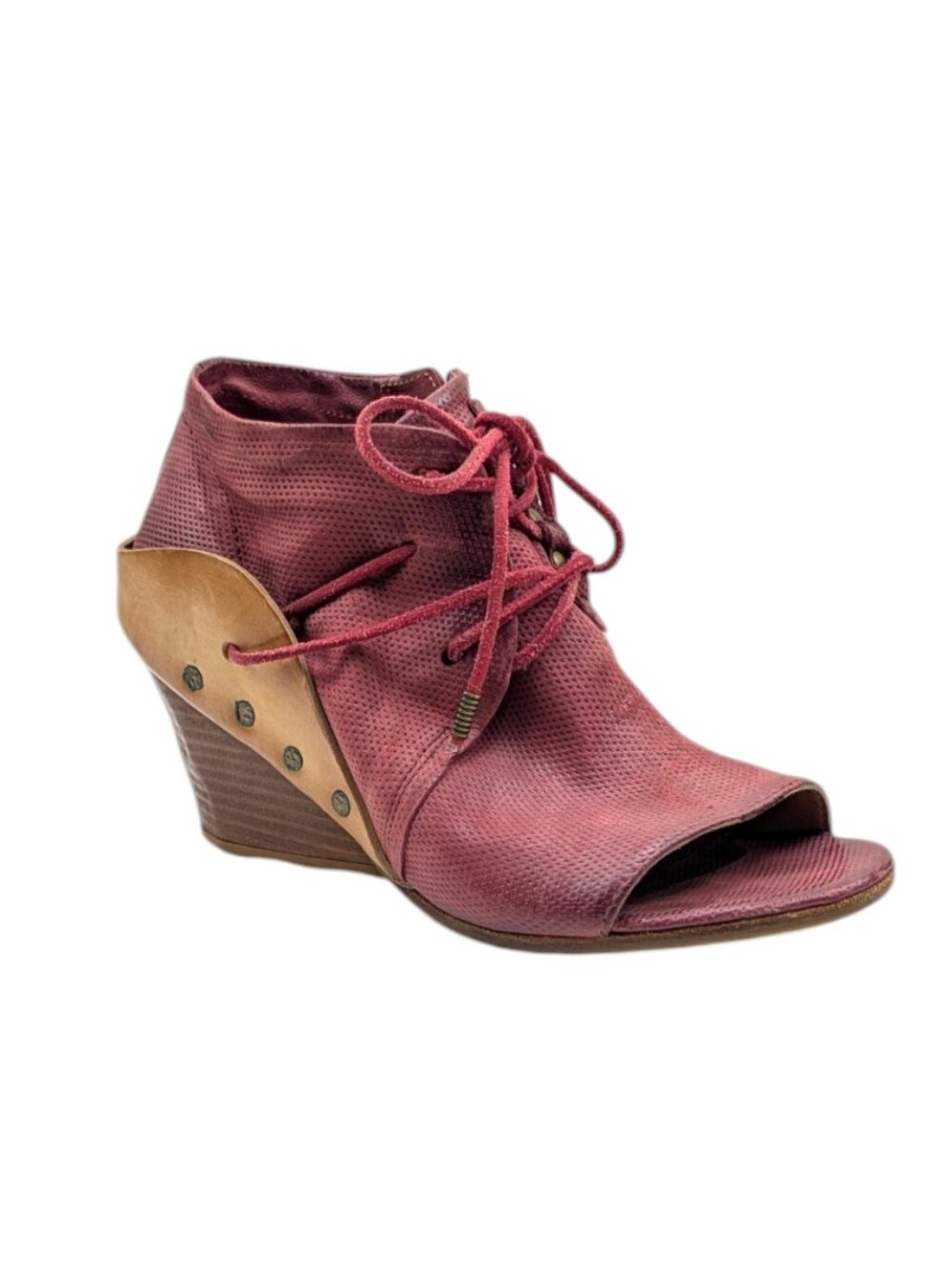 A.S.98 Burgundy Leather Peep Toe Lace-Up Wedge Booties EU 38 US 7.5/8   S4249 - Picture 5 of 12